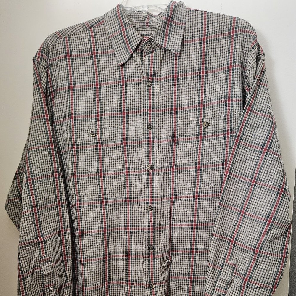Eddie Bauer Mens Large Plaid Button Down Long Sleeve Shirt Tan/Green/Red Pockets